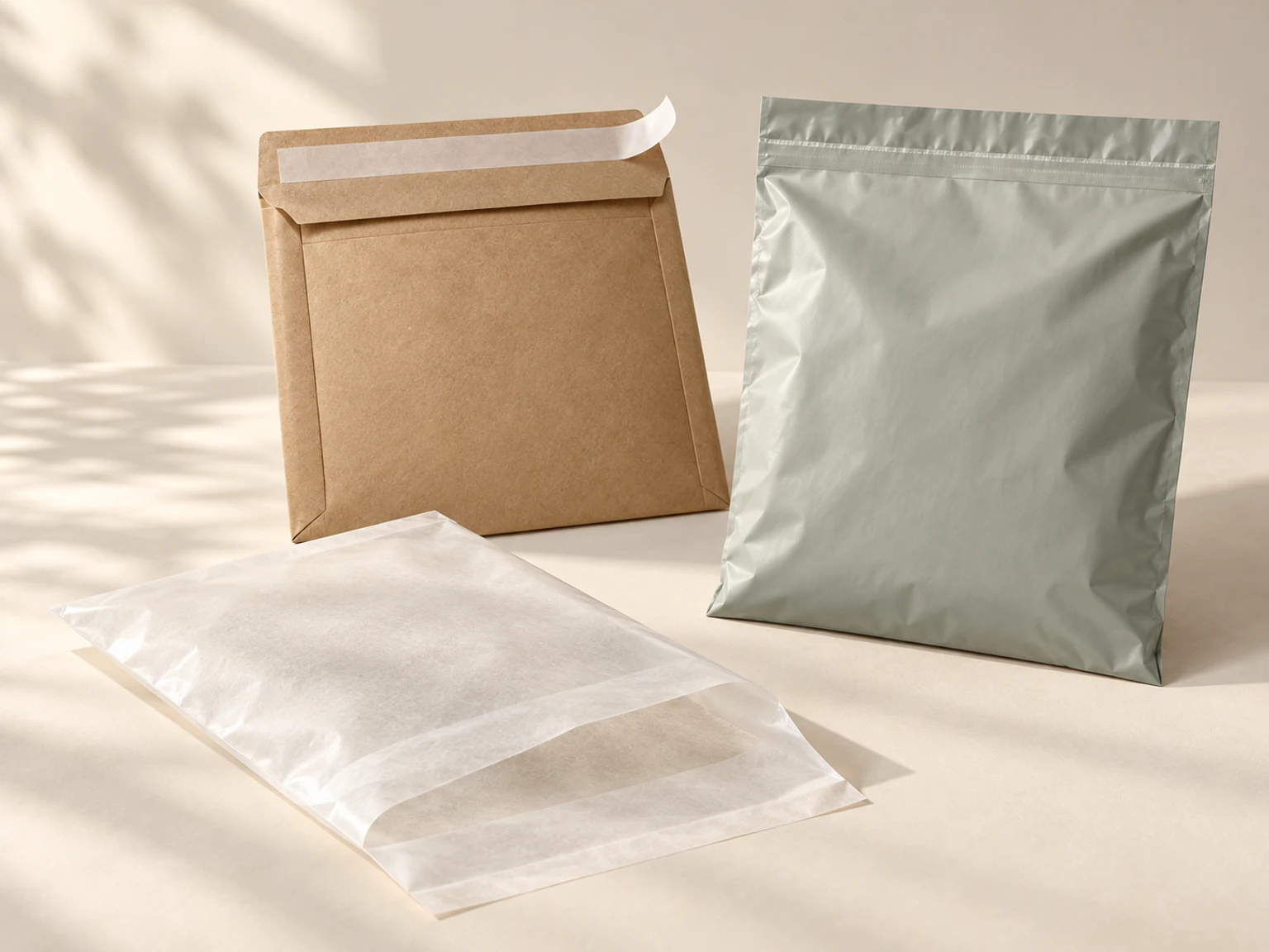 Glassine garment bag, kraft paper mailer and grey poly mailer showing their opening and sealing structures.