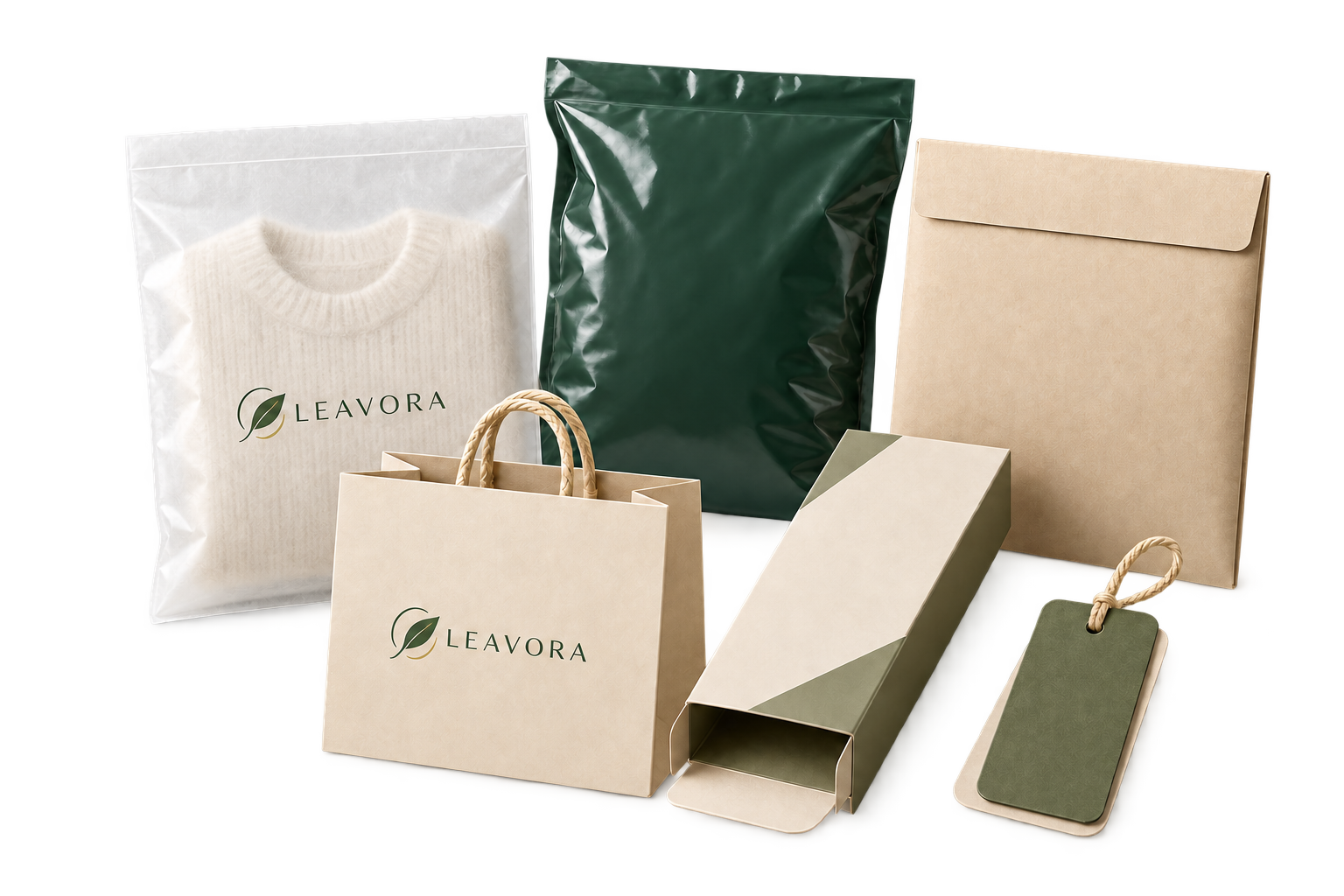 Leavora glassine garment bag, poly mailer, paper mailer, shopping bag, folding carton and hang tag arranged as a packaging set.