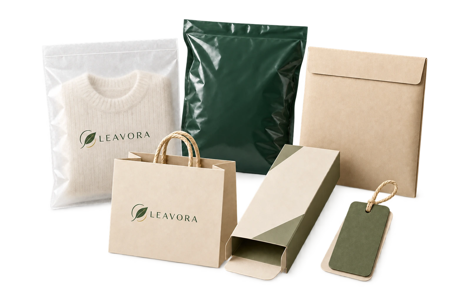 Leavora packaging formats arranged as a coordinated customization direction.