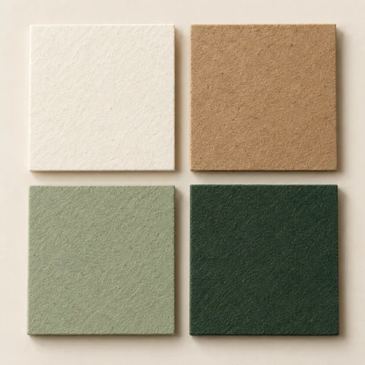 Four paper color swatches in ivory, kraft brown, sage green and forest green.