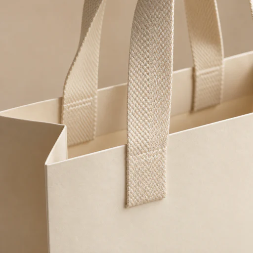 Close view of woven cream handles attached to an ivory paper shopping bag.