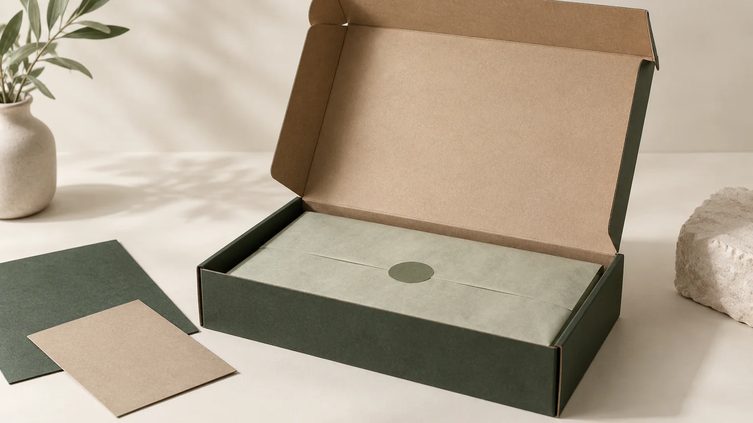 An open forest green paperboard sample box displayed on a warm ivory surface.