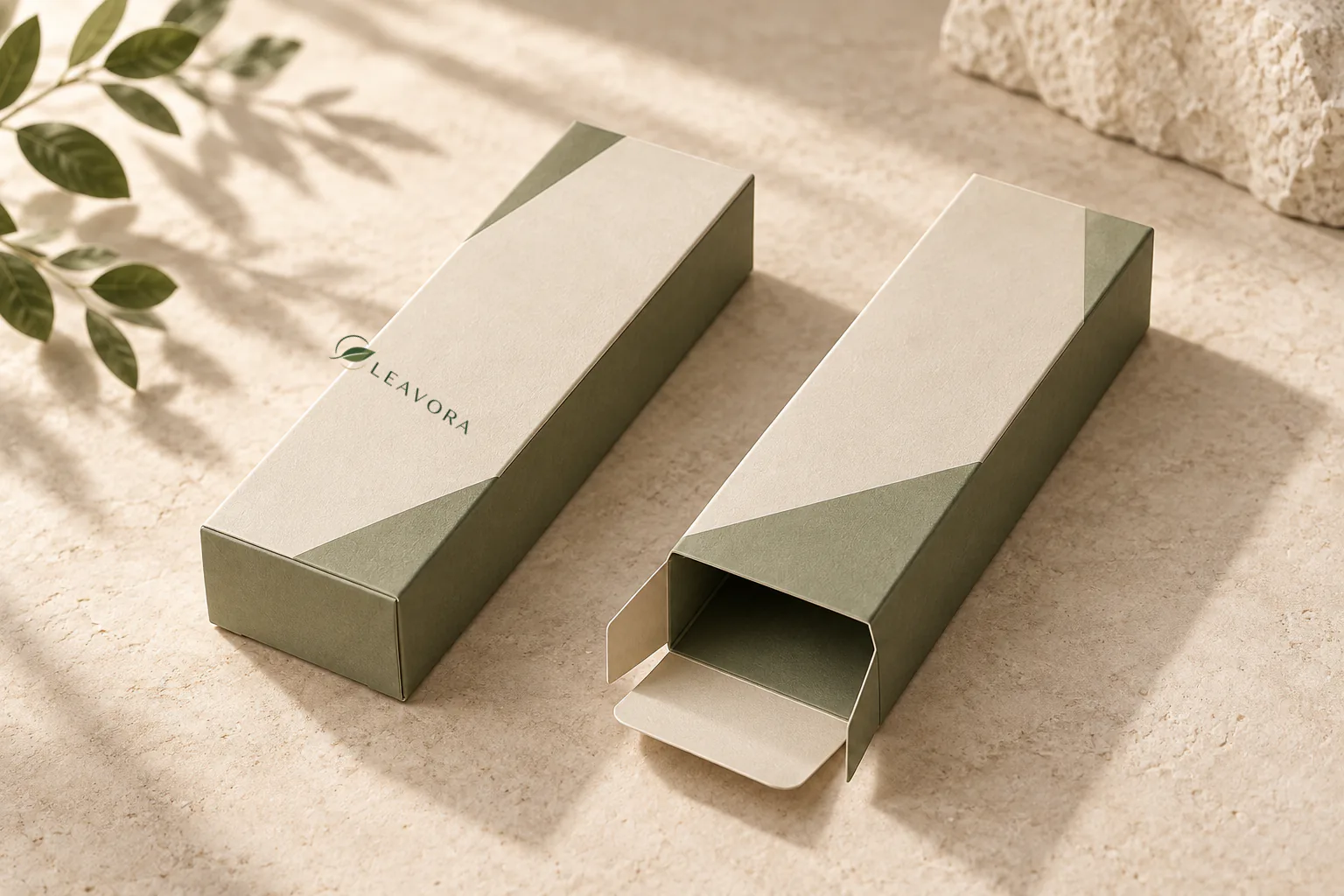 Two ivory and sage folding cartons, one open and one closed, on a warm stone surface.