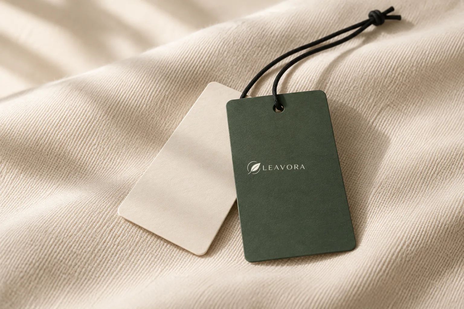 Ivory and forest green paper hang tags with a black cord resting on textured fabric.