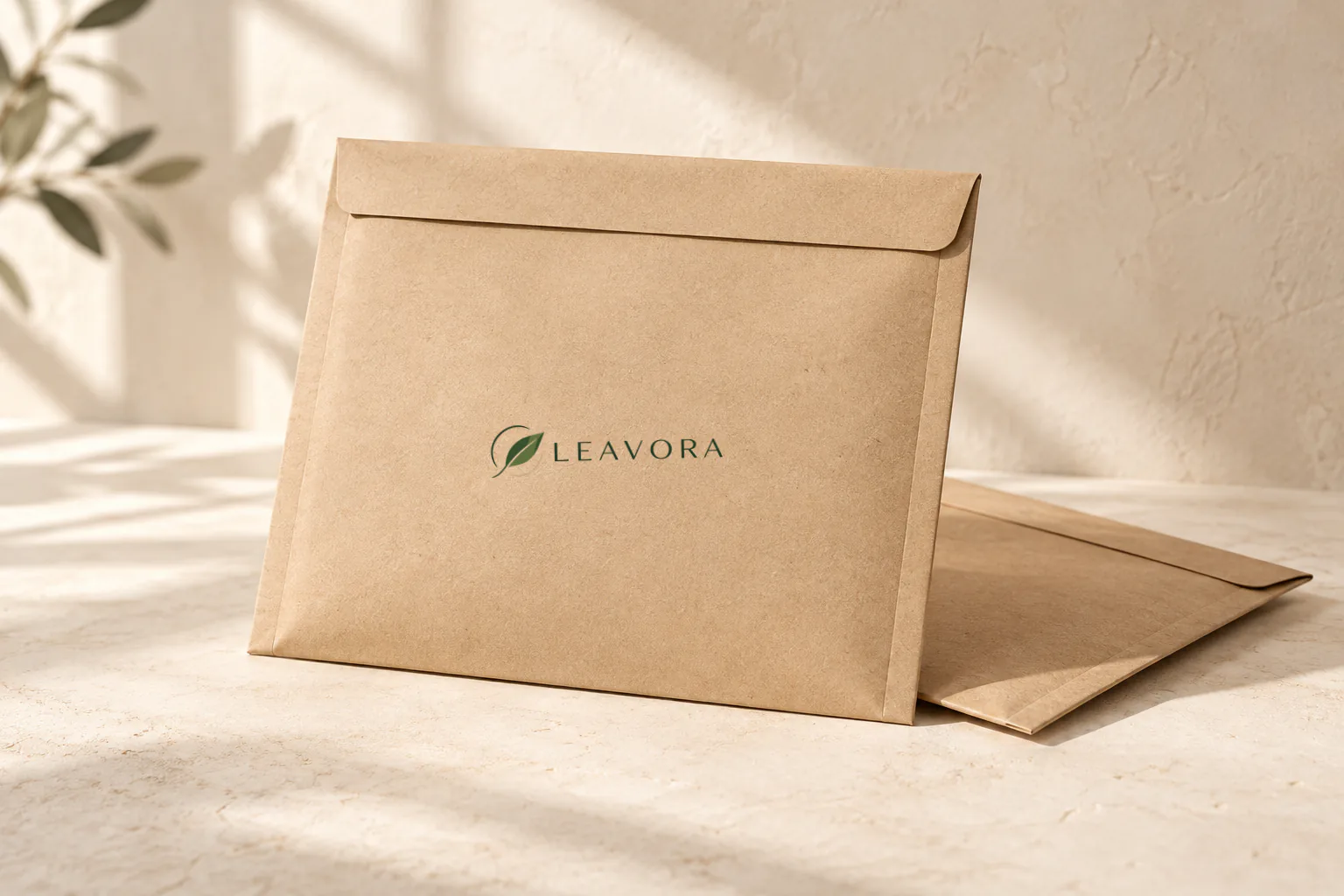 Two flat kraft paper mailing envelopes with folded seams and closure flaps in a warm studio setting.