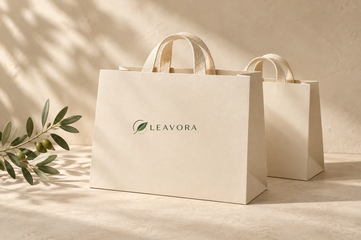 Two ivory shopping paper bags with woven handles in a warm studio setting.