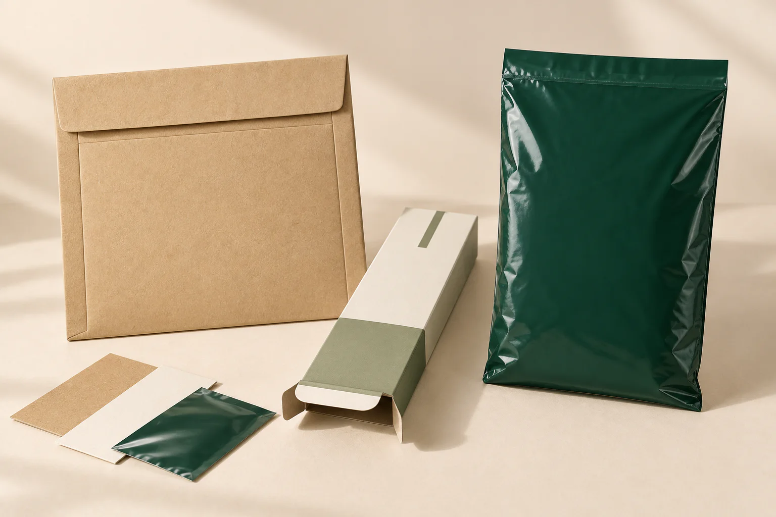 Paper mailer, folding carton and poly mailer arranged with paperboard and film samples on a warm neutral surface.
