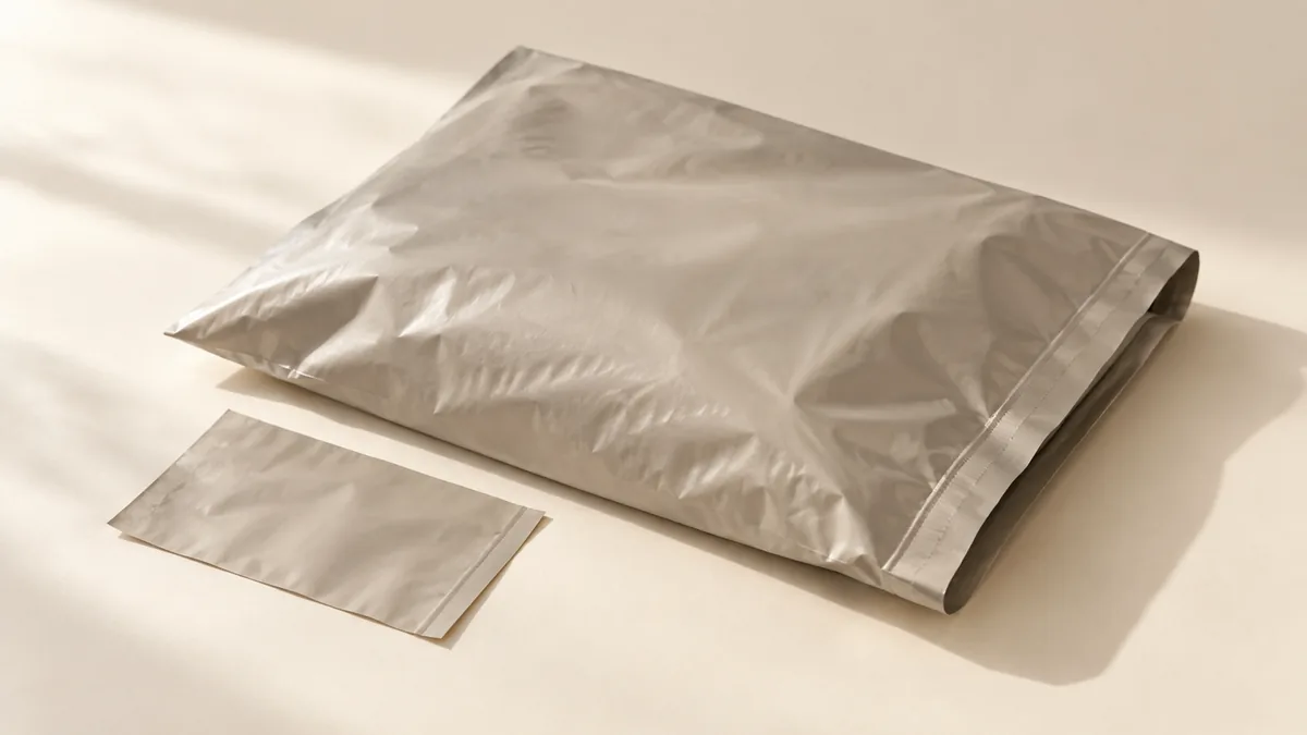 Illustrative flexible mailer and film swatch for discussing a recycled-content option.
