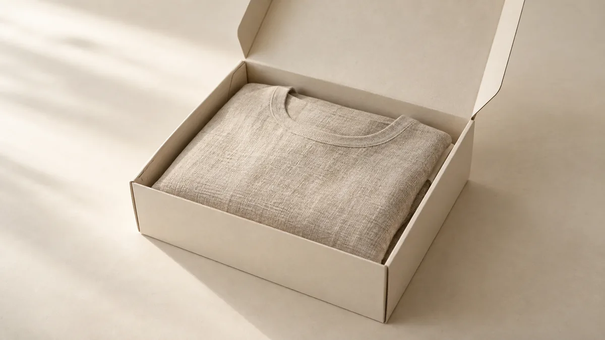 Folded garment fitted closely inside a paperboard box to illustrate right-sizing.