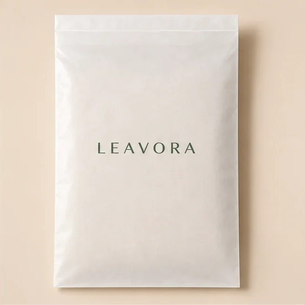 Natural translucent glassine garment bag with centered branding.