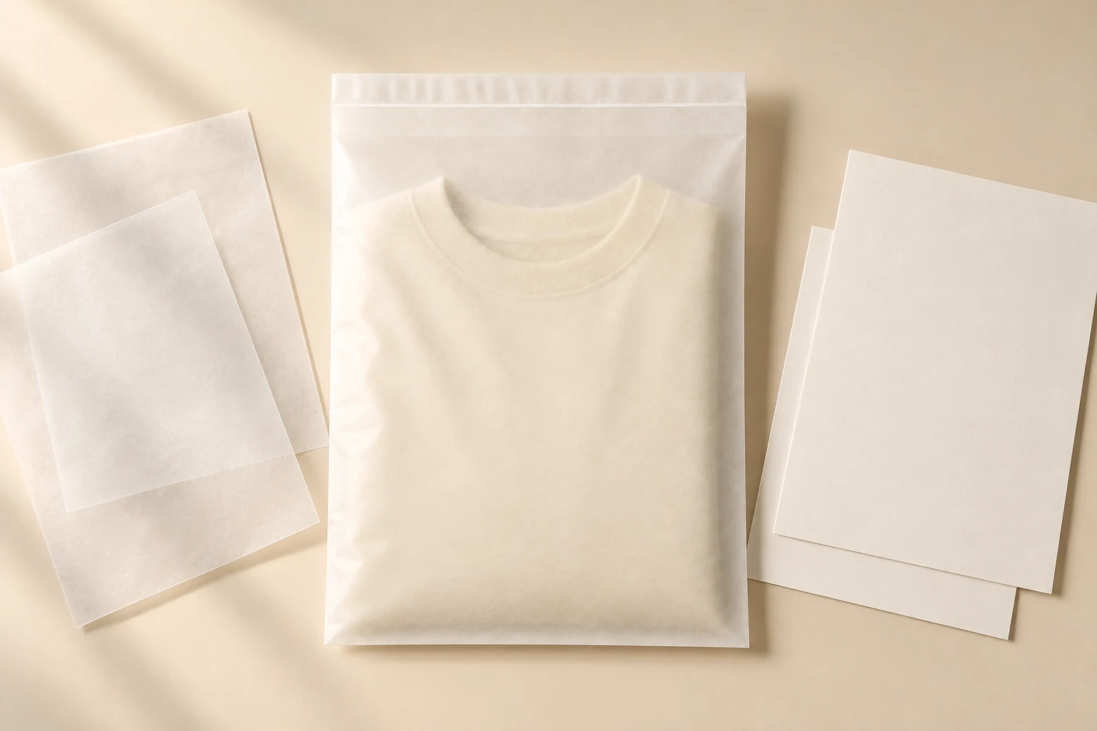 Glassine garment bag with translucent material samples and blank technical sheets.