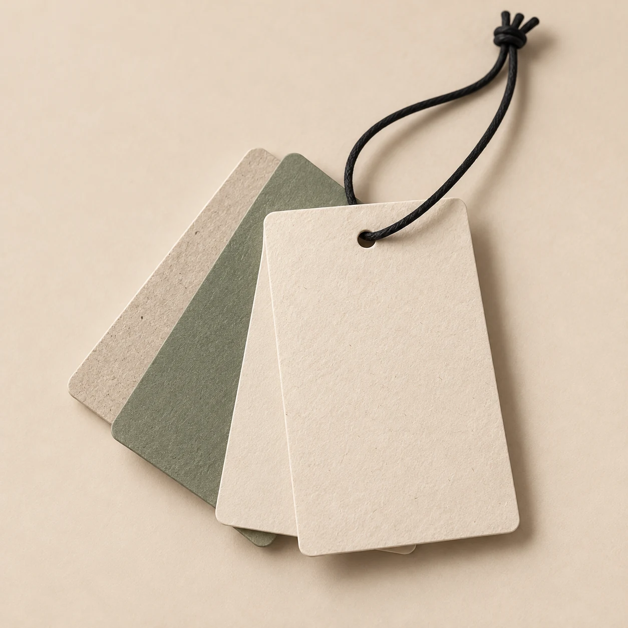 Close-up concept of layered hang tags in special paper stocks.
