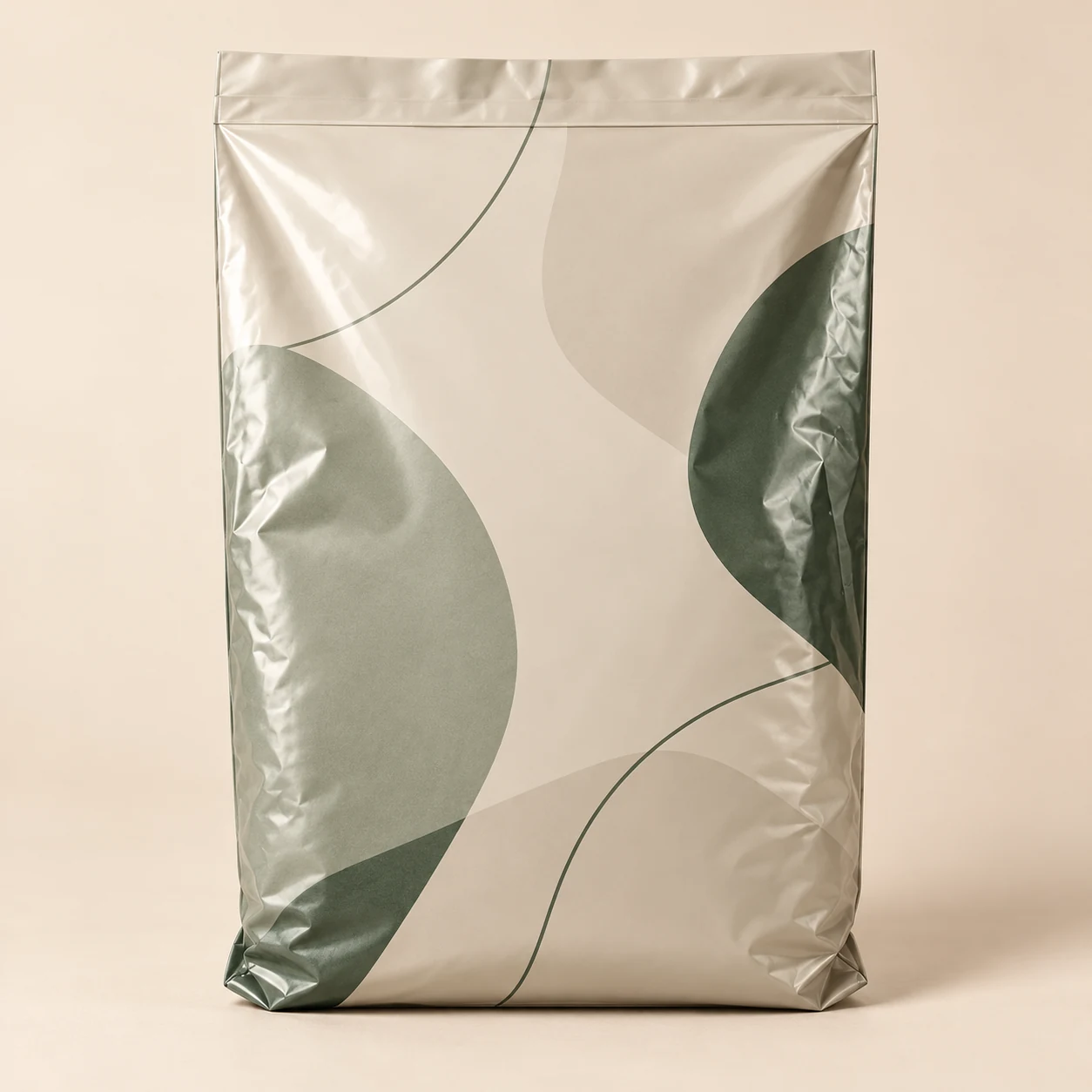 Close-up concept of a restrained full-surface pattern on a poly mailer.